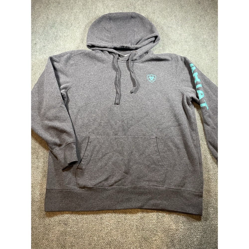 Ariat Logo Hoodie Womens Large Gray Charcoal Heather Teal Pullover Sweatshirt